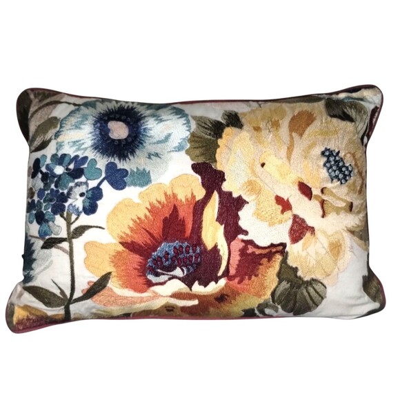 Pier 1 Imports Floral Embroidered Lumbar Pillow Blue Yellow Orange Zipper 19x13 - Picture 2 of 7